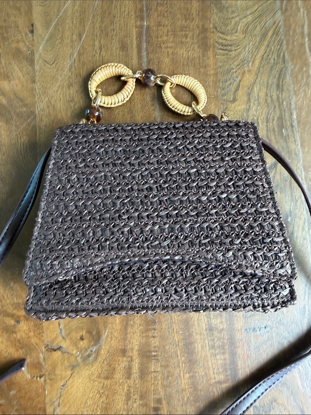 Chocolate Brown Woven Crossbody with Resin Top Handle Gold Hardware - Picture 11 of 14